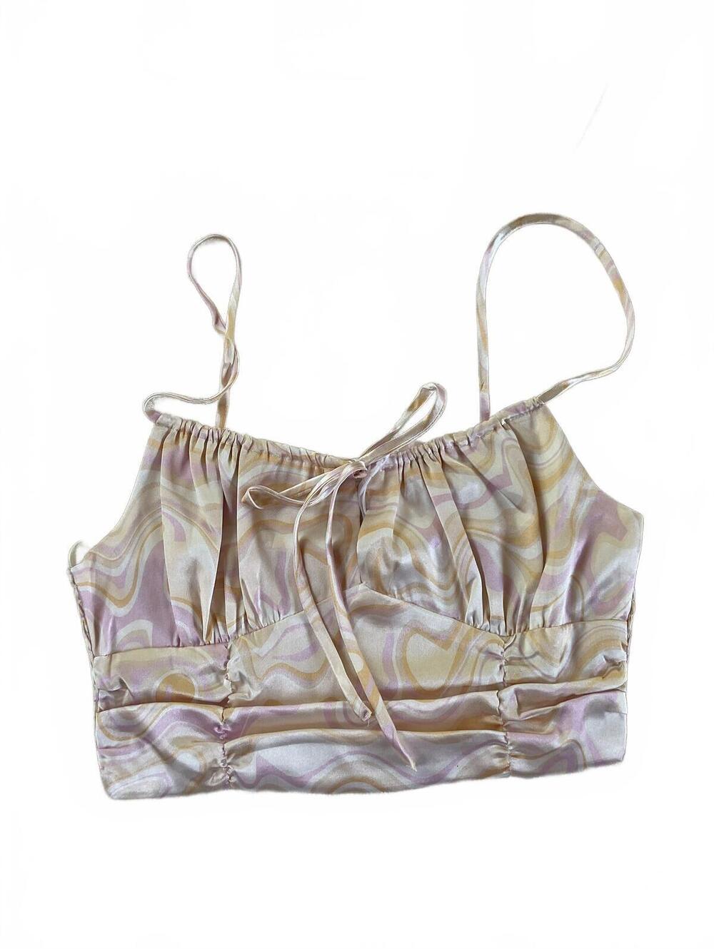 Elodie Pastel Marble Swirl Satin Crop Top Ruched Camisole Size Small